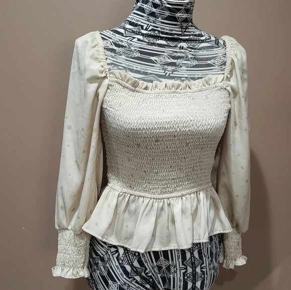 mine Tops - Cream And Tan Spotted Elastic Smocked Off Shoulder Peasant Blouse